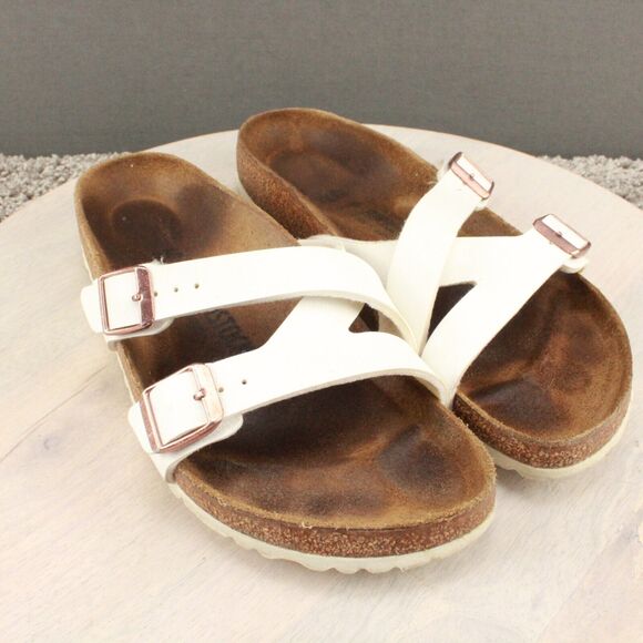 Birkenstock Yao Sandals Womans 40 (US 9) White Leather Strappy Slide Birko-Flor - Picture 2 of 11